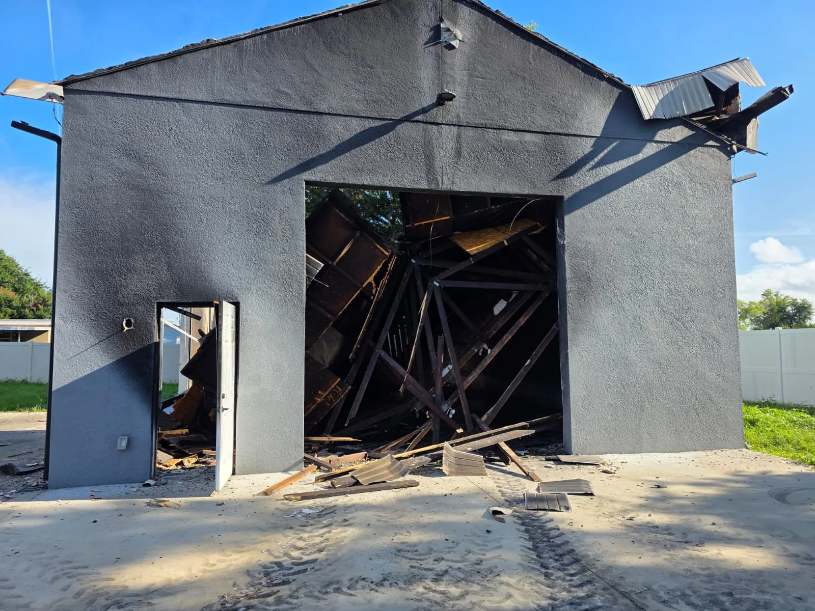 Commercial structure during roof and framing demolition